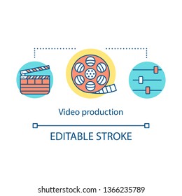 Video production concept icon. Film making idea thin line illustration. Cinematography. Movie production industry. Filmmaking process. Filming. Vector isolated outline drawing. Editable stroke