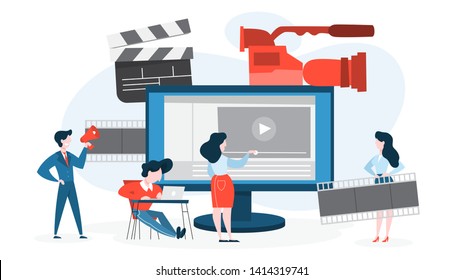 Video production concept. Idea of shooting movie, cinema industry. Clapper and camera, equipment for film making. Isolated vector illustration in cartoon style