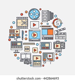 Video production concept illustration. Vector video edit round symbol made with colorful icons. Film-making sign or post production symbol