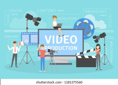 Video production concept. Making visual content for social media. Writing scenario, shooting video and editing usinf special equipment. Isolated vector illustration set.