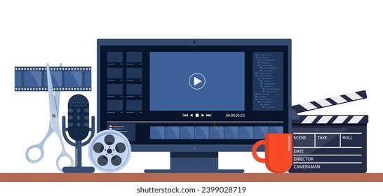 Video production concept. Making visual content for social media. Writing scenario, shooting video and editing with special equipment. Multimedia and film production concept. Vector illustration