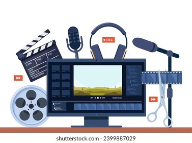 Video production concept. Making visual content for social media. Writing scenario, shooting video and editing with special equipment. Multimedia and film production concept. Vector illustration