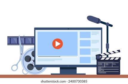 Video production concept. Making visual content for social media. Writing scenario, shooting video and editing with special equipment. Multimedia and film production concept. Vector illustration