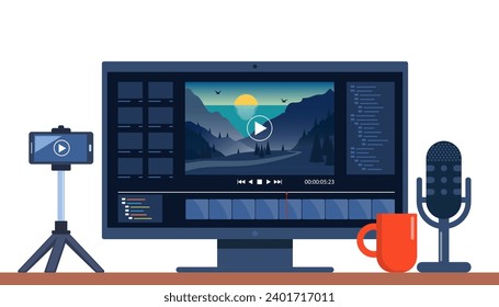 Video production concept. Making visual content for social media. Software to edit videos on screen with nature landscape scene, timeline and user interface. Film production concept. Vector