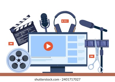 Video production concept. Making visual content for social media. Writing scenario, shooting video and editing with special equipment. Multimedia and film production concept. Vector illustration