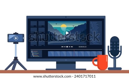 Video production concept. Making visual content for social media. Software to edit videos on screen with nature landscape scene, timeline and user interface. Film production concept. Vector