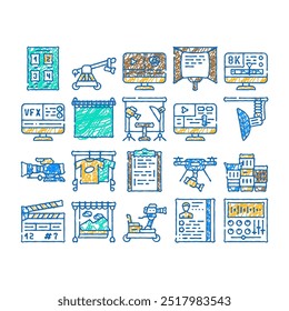 vídeo produção e criação doodle ícones definir vetor. esboço linha arte câmera e carrinho para operador, clapperboard e teleprompter vídeo produção equipamentos contorno ilustrações