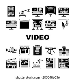 Video Production And Creation Icons Set Vector. Camera And Cart For Operator, Clapperboard And Teleprompter Video Production Equipment Line. Actor Casting Scenario Glyph Pictograms Black Illustrations