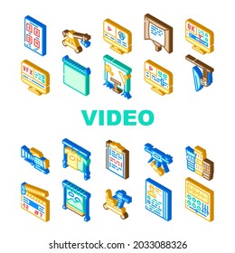 Video Production And Creation Icons Set Vector. Camera And Cart For Operator, Clapperboard And Teleprompter Video Production Equipment Isometric Sign Color Illustrations
