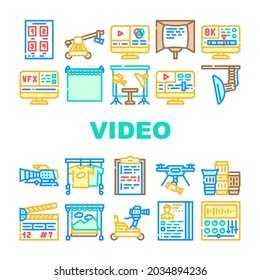 Video Production And Creation Icons Set Vector. Camera And Cart For Operator, Clapperboard And Teleprompter Video Production Equipment Line. Actor Casting And Scenario Color Illustrations