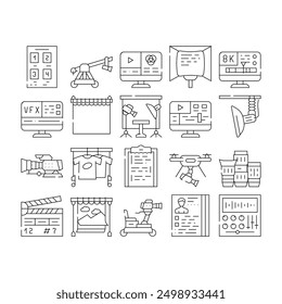 Video Production And Creation Icons Set Vector. Camera And Cart For Operator, Clapperboard And Teleprompter Video Production Equipment Contour Illustrations