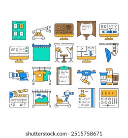 Produção De Vídeo E Criação De Ícones Definir Vetor. Câmera E Carrinho Para Operador, Clapperboard E Teleprompter Equipamentos De Produção De Vídeo Ilustrações De Contorno