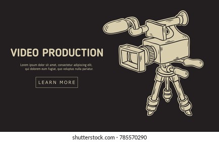 Video Production  Design With Isolated Video Camera On A Tripod Artistic Cartoon Hand Drawn Sketchy Line Art Style Drawing Vector Graphic.