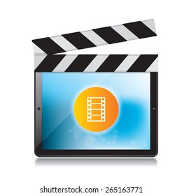 Video production and digital tablet on white background