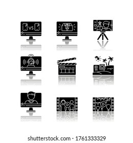 Video production drop shadow black glyph icons set. Internet blogging. Personal event videography. Film making industry. Web streaming. Isolated vector illustrations on white space