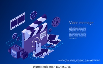 Video Production, Editing, Montage Flat 3d Isometric Vector Concept Illustration