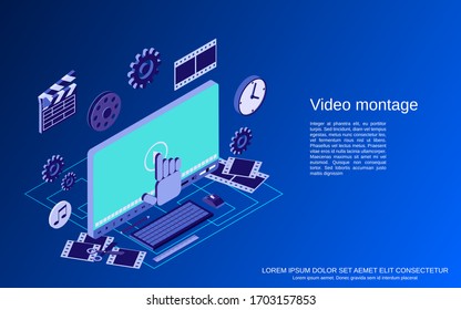 Video Production, Editing, Montage Flat 3d Isometric Vector Concept Illustration