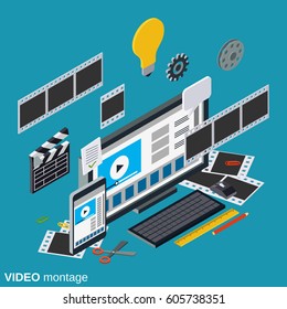 Video Production, Editing, Montage Flat 3d Isometric Vector Concept Illustration