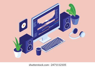 Video production and editing software on computer screen - Isometric vector illustration of desktop PC with movie clip program app, speakers and equipment in cosy office setting