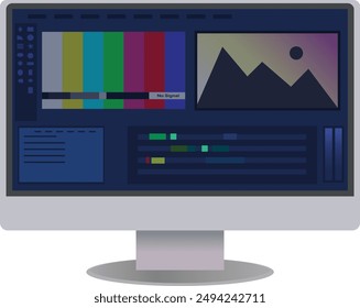 Video production, Editing white Desktop icon, Video Editing timeline window software, Editing mixer, video workshop, Video software on white computer screen, Videomaking editing equipment
