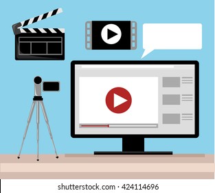 Video production Video Editor Desk Workplace Web Banner Flat Vector Illustration. Flat design.