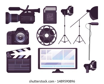 Video production equipment flat concept icons set. Professional camera, clapboard, movie reel stickers, cliparts pack. Filmmaking tools. Isolated cartoon illustrations on white background