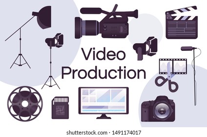 Video production equipment flat concept icons set. Photo camera, clapperboard, microphone stickers, cliparts pack. Filmmaking tools. Isolated cartoon illustrations on white background