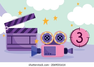 video production equipment projector and clapperboard