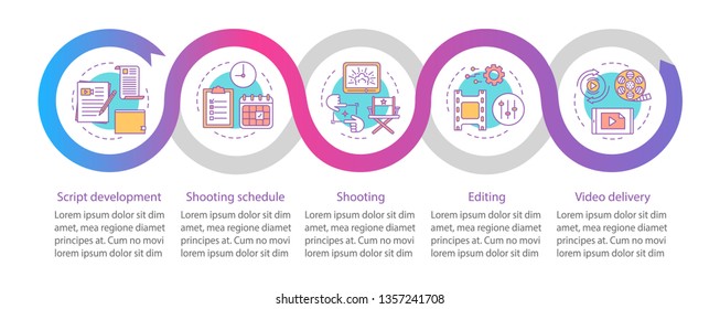 Video production, film making vector infographic template. Business presentation design elements. Data visualization with 6 steps and options. Process timeline chart. Workflow layout with linear icons