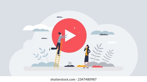 Video production and film movie editing or creation process tiny person concept. Producing multimedia and professional studio shooting for vlog, social media or stories content vector illustration.