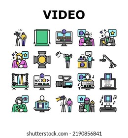 Video Production Film Studio Icons Set Vector. Movie Camera, Media Studio, Digital Profession Tv, Television Industry, Cinema Shoot Video Production Film Studio Color Line Illustrations