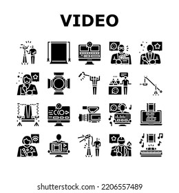 Video Production Film Studio Icons Set Vector. Movie Camera, Media Studio, Digital Profession Tv, Television Industry, Cinema Shoot Video Production Film Studio Glyph Pictogram Illustrations