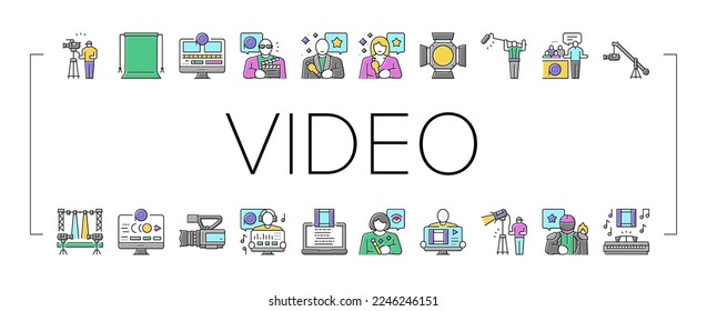 video production film studio icons set vector. movie camera, media studio, digital profession tv, television industry, cinema shoot video production film studio color line illustrations