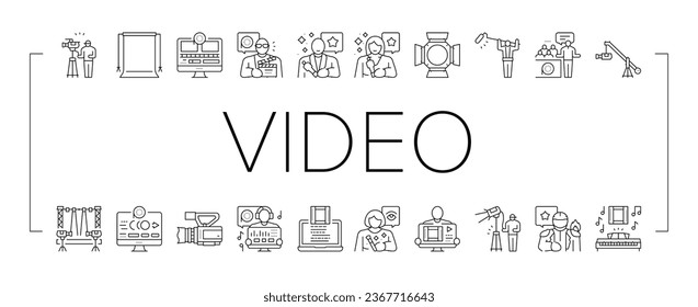 iconos de estudio de producción de vídeo conjunto vector. cámara de cine, estudio de medios de comunicación, televisión de profesión digital, industria de la televisión, cine, producción de vídeos, estudio de producción de películas, imágenes de contorno negro