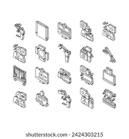 video production film studio isometric icons set. movie camera, media studio, digital profession tv, television industry, cinema shoot video production film studio color line