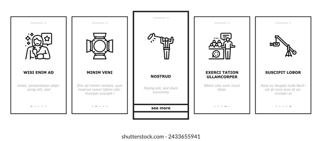 video production film studio onboarding mobile vector. movie camera, media studio, digital profession tv, television industry, cinema shoot video production film studio color line illustrations