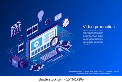 Video production flat 3d isometric vector concept illustration