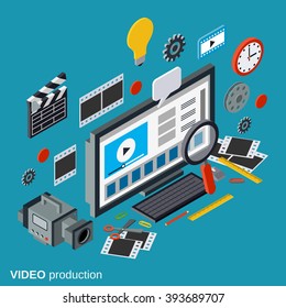 Video Production Flat 3d Isometric Vector Concept Illustration