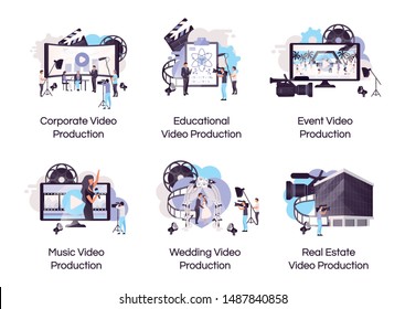 Conjunto de iconos de concepto plano de producción de vídeo. Videografía y emoticones para filmación, paquetes de cliparts. Evento, empresa, grabación de video musical. Dibujos de caricaturas aisladas sobre fondo blanco