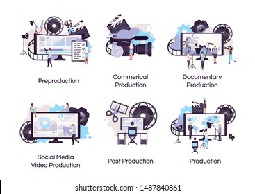 Video production flat concept icons set. Videography and filmmaking stickers, cliparts pack. Social media advertisement, documentary shooting. Isolated cartoon illustrations on white background