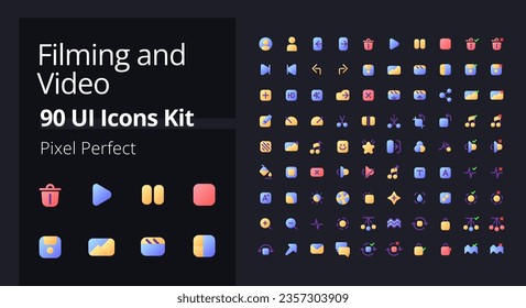 Video production flat gradient fill ui icons for dark mode. Filmmaking software. Movie editing. Motion picture. Pixel perfect color pictograms kit. GUI, UX design for web. Vector isolated RGB images