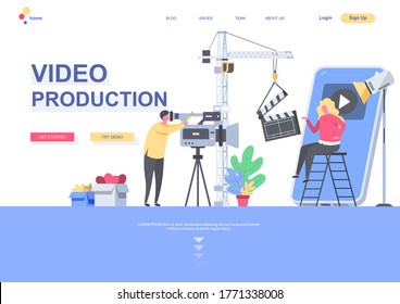 Video production flat landing page template. Operator with video camera making film in studio situation. Web page with people characters. Video content production industry vector illustration