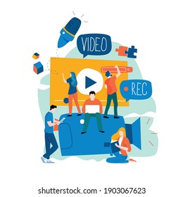 動画制作、動画編集、モンタージュ、動画コンテンツのフラットベクターイラストデザインをモバイルおよびウェブグラフィックに利用 