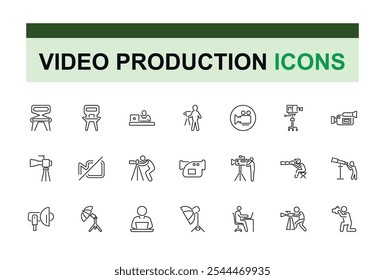 Video Production icon collection. Contains related to video, web, content, digital, picture, entertainment, television and more. Thin outline icons pack. Vector illustration in modern line style.