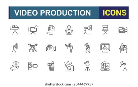 Video Production icon collection. Contains related to video, web, content, digital, picture, entertainment, television and more. Thin outline icons pack. Vector illustration in modern line style.