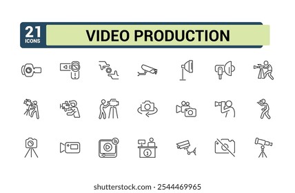 Video Production icon collection. Contains related to video, web, content, digital, picture, entertainment, television and more. Thin outline icons pack. Vector illustration in modern line style.