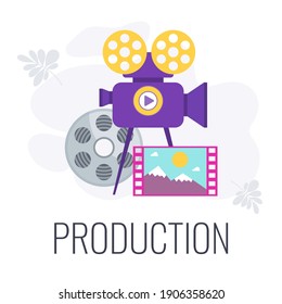 Video production icon. Video marketing. Camera, babin with a film strip. Digital marketing. Online video content. Internet promotion. Mobile adds. Flat vector illustration.