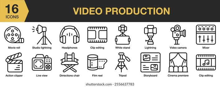 Video Production icon set. Includes clip editing, lightning, camera, mixer, storyboard, tripod, film reel, headphones, and More. Outline icons vector collection.
