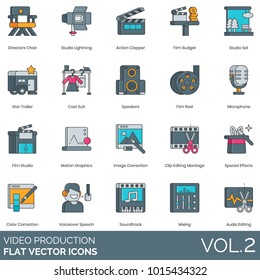 Video production icons. Director chair, studio lightning, action clapper, film budget, studio set, trailer, costume, speakers, reel, mic, motion graphics, image correction, voiceover speech, effects.