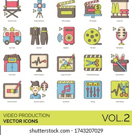 Video production icons including director chair, action clapper, film budget, studio set, star trailer, cast suit, speakers, motion graphics, clip editing montage, special effects, color correction.